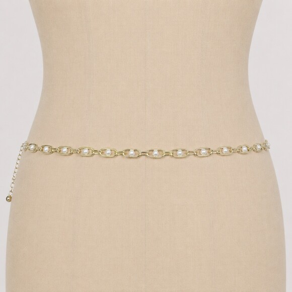 Y2K Vintage Gold Pearl Chain Link Belt – Dainty Oval Mariner Style Adjustable main image 4